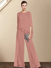 billiga Mammas byxdräkter-Tvådelat Jumpsuit  Byxdress Mor till Bruden Bröllopsgäst Elegant Plus Size Juvelhals Golvlång Chiffong 3/4 Lång Ärmar med Applikationer 2025 gratis skräddarsydd storlek