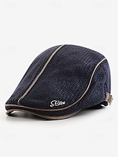 preiswerte Herrenhüte-Stylische schwarze Newsboy-Kappe für Herren mit Lederbesatz, atmungsaktivem Stoff, verstellbare Passform – lässiger Vintage-Flachhut für den Alltag und Outdoor-Aktivitäten