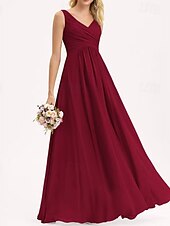 baratos Vestidos para Madrinhas-Linha A Vestido de Madrinha Decote V Sem Manga Elegante Longo Chiffon / Elastano com Pregas / Pregueado / Franzido 2022