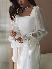 preiswerte Kleine weiße Kleider-Empfang Kleine Weiße Kleider Hochzeitskleider Etui-/Säulen Quadrat-Ausschnitt Lange Ärmel Bodenlänge Chiffon Brautkleider mit Schleife(n) Einfarbig
