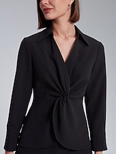 billige Kvinne Enkle Topper-Dame Dresskjorter Arbeidsskjorter Helfarge Formell Kontor Fritid / hverdag Kjegle Erme Svart Hvit Dreie blusset krage skjorter Langermet Elegant Mote Fritid hverdag Krage Vår