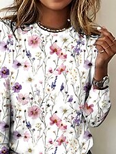 cheap Floral tee-Women&#039;s T Shirt Floral Elegant Vintage Fashion Long Sleeve Crew Neck Regular Tops Daily Going out Weekend Print White Summer Spring