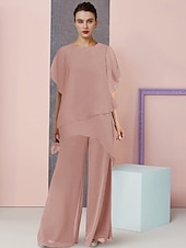 abordables Combinaisons pour maman-Ensemble de deux pièces combinaison  pantalon pour mère de la mariée invitée de mariage élégant grande taille col rond longueur totale chiffon manches courtes avec couleur unie 2025 taille