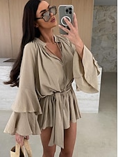 olcso Fehér alkalmi ruhák-Női Mini ruha hétköznapi ruha Tavaszi ruha Elegáns Hétköznapi Napi Normál Tömör szín Hosszú ujj V-alakú Fekete Fehér Arcpír rózsaszín Rubin Ősz