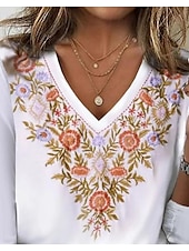 billige Boho t-skjorte-Dame T skjorte Blomstret Elegant Årgang Langermet Crew-hals Vanlige topper Daglig Trykt mønster Perle Vår Høst