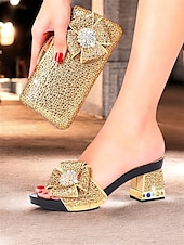abordables Officiel-sandales à talons hauts avec nœud en strass scintillant et pochette assortie – chaussures glamour pour mariages, fêtes et événements officiels