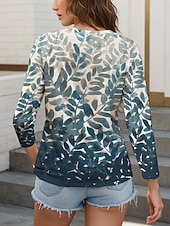 preiswerte Blumen-T-Shirt-Damen T-Shirt Ombre Grafisches Blatt Elegant Freizeit Langarm V-Ausschnitt Reguläre Tops Täglicher Print Blau Frühling Herbst