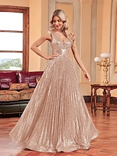 preiswerte Ballkleid-A-Linie Ballkleider Partykleid Abendparty Cocktailparty bodenlang ärmellos tiefer Ausschnitt Polyester mit Glitzer Kniefalten 2025