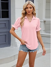 cheap Lace Tops-Women&#039;s Boho T-shirt Plain Bohemia Cute Stylish Short Sleeve Puff Sleeve V Neck Shirt Collar Regular Tops Daily Going out Weekend Ruffle Eyelet Sage Green Black White Pink Wine Summer