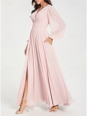 baratos Vestidos para Madrinhas-Linha A Vestido de Madrinha Decote V Manga Longa Elegante Longo Chiffon com Fenda Frontal / Franzido 2022