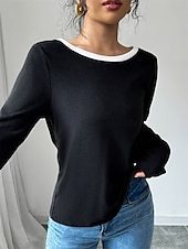 cheap Women&#039;s Work Tops-Women&#039;s Blouse Solid Color Stylish Casual Long Sleeve Crew Neck Regular Tops Daily Holiday Going out Backless Black Spring Fall Winter