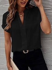 abordables Hauts de Travail pour Femmes-Femme Chemise Chemisier Couleur unie mode Décontractées Manche Courte Col cranté Hauts réguliers du quotidien Noir Blanche Bleu Fuchsia Eté Printemps