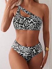 billiga Bikiniset-Dam Badkläder Bikini 2 st Kaxig Baddräkt Öppen rygg Smal Semester Standkläder Leopard Asymmetrisk hals Ärmlös Baddräkter