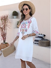 cheap Casual Dress-Valentine&#039;s Day Women&#039;s Normal Mini Dress Boho Chic Dresses A Line Dress Bohemia Stylish Classic Elbow Sleeve Vacation Party Casual Form Fit Floral Plain 3/4 Length Sleeve Crew Neck Black White Summer