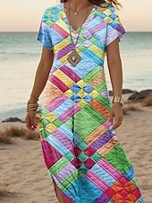 ieftine Rochii cu dungi și geometrice-Pentru femei Rochie Maxi Rochie casual Rochie A line Stilat Casual Vacanță Zilnic Fit regulat Geometric Manșon scurt În V Albastru piscină Primăvară Toamnă