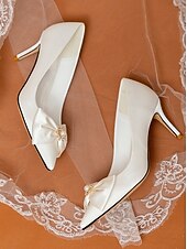 cheap Formal-Satin Bow Wedding Pumps – Women&#039;s Chic Pointed Toe Stiletto Heels with Pearl Accents for Bridal Wear