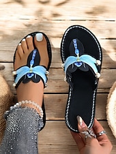 preiswerte Urlaubsandalen-flache Sandalen mit schwarzer Libelle für Damen – dekorative Perlen und blaue Flügel, sommerliches Strandschuhwerk