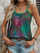 levne Dámské topy a košilky-Dámský tílko Květinový Bohemia Retro Vintage Bez Rukávů Popruh Regular Topy Denní Prázdniny Bez Záda Tisk Modrá Léto