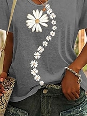 お買い得  フローラルTシャツ-女性用 Tシャツ フラワー カジュアル 半袖 Ｖネック レギュラートップス 日常 プリント グレー 夏