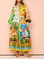 preiswerte Hawaiikleid-Damen Midikleid A Linie Kleid Figurbetontes Kleid Kleid mit Puffärmeln Urlaub Puffärmel Urlaub Casual Täglich Regular Fit Graphic Langarm Hemdkragen Grün Sommer