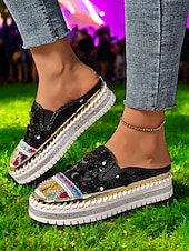 levne Pohodlné sandály-dámské zlaté flitrové tenisky na platformě mules – třpytivé slip-on boty s vyšívanými detaily pro festivaly, párty a street fashion