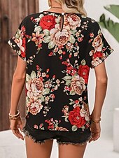 cheap Floral tee-Women&#039;s Shirt Blouse Floral Stylish Casual Short Sleeve Crew Neck Regular Tops Daily Print Black Summer Spring