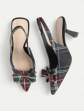 cheap Slingback Pumps-Women's Tartan Plaid Slingback Heels – Pointed Toe Kitten Heels with Bow Detail, Elegant Pumps for Parties &amp; Office Wear