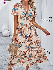 preiswerte Blumenkleid-Damen Midi Kleid Korsett Kleid A-Linien Kleid Sommer Kleid Urlaub Urlaub Täglicher Regular Fit Floral Kurzarm V-Ausschnitt Rot Marineblau Grün Aprikose Sommer