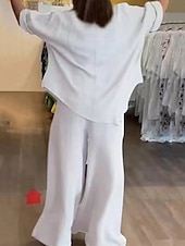 economico Set in cotone e lino-Per donna Moda Streetwear Camicia Set di biancheria in cotone Set da due pezzi Pantaloni di Lino Pantaloni Manica Lunga Scollo a V Tinta unica Ferie Abbigliamento quotidiano Nero Bianco Blu marino