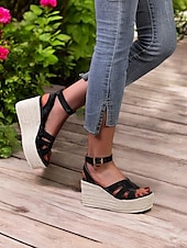 olcso Nyári szandálok-női espadrille platform ékszandál – nyitott orrú bokapántos nyári cipő hétköznapi, strand- és nyaralási viselethez