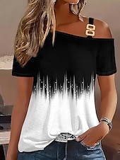 ieftine tricouri-Pentru femei Tricou Gradient de culoare Casual Manșon scurt Pe Umăr Topuri obișnuite Zilnic Negru Vară Primăvară