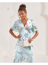 ieftine Rochii de Vacanță-Pentru femei Rochii Midi Rochie A line Elegant Epocă Stilat Vacanță Invitat la nunta Logodnă Fit regulat Grafic Epocă Manșon scurt În V Albastru piscină Vară