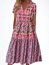 billiga Casual blommiga klänningar-Dam Midiklänning Vardagsklänning Boho-klänning Stylish Ledigt Semester Ledigt Dagligen Lös passning Blommig Kortärmad V-hals Rodnande Rosa Sommar Vår