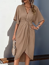 cheap Plain Dress-Women&#039;s Mini Dress Wrap Dress T Shirt Dress Tee Dress Solid Color Casual Vacation Daily Regular Fit Plain Short Sleeve V Neck Black Wine Khaki Army Green Summer