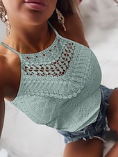abordables Débardeurs et camisoles femme-Débardeur pour femmes en camisole noir blanc jaune couleur unie dentelle trou quotidien col halter coupe régulière S