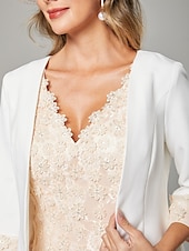 abordables Avec veste-Deux Pièces Fourreau / Colonne Robe de Mère de Mariée  Elégant Col V Mi-long Mousseline de soie Dentelle Manche Courte Robes de veste courtes avec Appliques Bloc de Couleur 2025