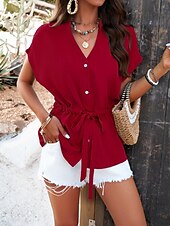 cheap Plain tee-Women&#039;s Shirt Blouse Solid Color Stylish Casual Short Sleeve Notched Neck Regular Tops Daily Buttons Drawstring Black Wine Blue Green Beige Summer