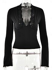 preiswerte Spitzenoberteile-Damen Oberteil mit Spitzenspleiß Sexy Langarm V Ausschnitt Normale Oberteile Weinrot Schwarz Sommer Frühling