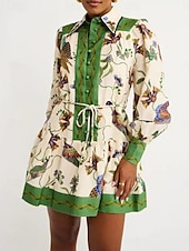 preiswerte Hawaiikleid-Damen Minikleid A Linie Kleid Sommerkleid Figurbetontes Kleid Kleid mit Puffärmeln Urlaub Cocktail Urlaub Täglich Regular Fit Blumen Graphic Langarm Kargen Grün Sommer