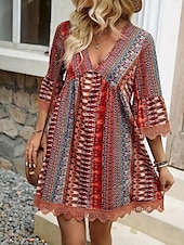 tanie Sukienki boho-Damskie Sukienka mini Codzienne sukienki Sukienka Boho Elegancki Codzienny Urlop Codzienny Regularny Graficzny Geometryczny Rękaw 3/4 W serek Rumiany róż Czerwony Niebieski Lato