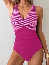 billiga One-piece-baddräkter-Dam Badkläder En bit Monokini Baddräkt Öppen rygg Magkontroll Hög midja Smal Semester Standkläder Rand V-hals Ärmlös Baddräkter