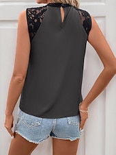 cheap Tank Tops &amp; Camis-Women&#039;s Camisole Tank Top Solid Color Casual Sleeveless Turtleneck Regular Tops Daily Lace Patchwork Navy Blue Green Gray Summer