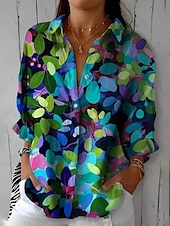 preiswerte Damen Kunst- und Design-Oberteile-Damen Hemd Blumen Lässig Langarm Hemdkragen Normale Oberteile Arbeit Täglich Knöpfe Druck Grün Frühling Herbst Winter