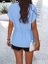 cheap Plain tee-Women&#039;s Shirt Blouse Solid Color Stylish Casual Short Sleeve Notched Neck Regular Tops Daily Buttons Drawstring Black Wine Blue Green Beige Summer