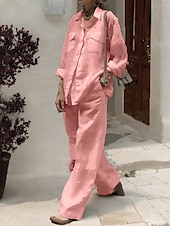 economico Set in cotone e lino-Per donna Moda Streetwear Quotidiano Camicia Set ispirati al lino Set da due pezzi Pantaloni a Gamba Larga Manica Lunga Colletto a Camicia Semplice Casuale Quotidiano Bianco Rosa Verde militare Estate