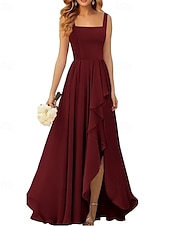 baratos Vestidos para Madrinhas-Linha A Vestido de Madrinha Correias / Decote Quadrado Sem Manga Elegante Longo Chiffon / Elastano com Pregas / Fru-Fru / Pregueado 2022