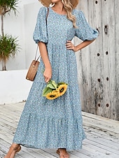 cheap Floral Dress-Women&#039;s Maxi Dress Puff Sleeve Dress Casual Lantern Sleeve Vacation Casual Daily Regular Fit Graphic 3/4 Length Sleeve Crew Neck Light Blue Summer
