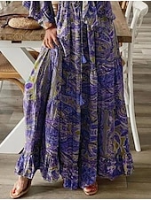 cheap Boho Dress-Women&#039;s Maxi Dress Casual Dress Swing Dress A Line Dress Boho Dress Casual Daily Regular Fit Floral Long Sleeve V Neck Red Blue Purple Orange Summer Spring Fall
