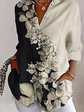 preiswerte Blumenoberteile-Damenhemd Langarm Knopfbluse Blumengrafik Alltag Stilvoll Retro Vintage Hemd Kragen Reguläre Tops Alltag Feiertag Ausgehen Knöpfe Rot Khaki Sommer Frühling