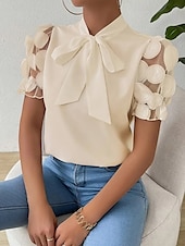 ieftine Topuri din dantelă-Bluză Pentru femei Negru Alb Roșu-aprins Culoare solidă / simplă Dantelă Funde Zilnic Elegant Guler în picioare Fit regulat S